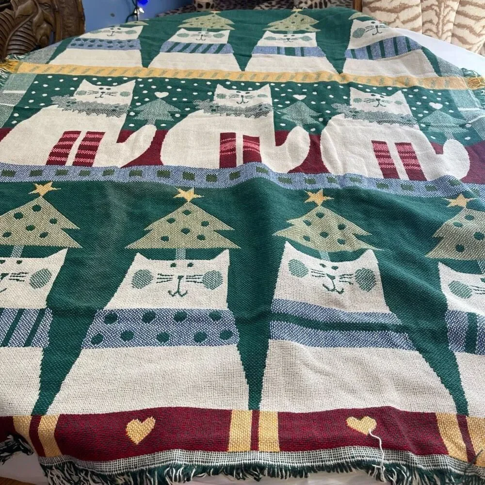 Crown Crafts Cat Kitty Christmas Cotton Throw Blanket VTG Rare